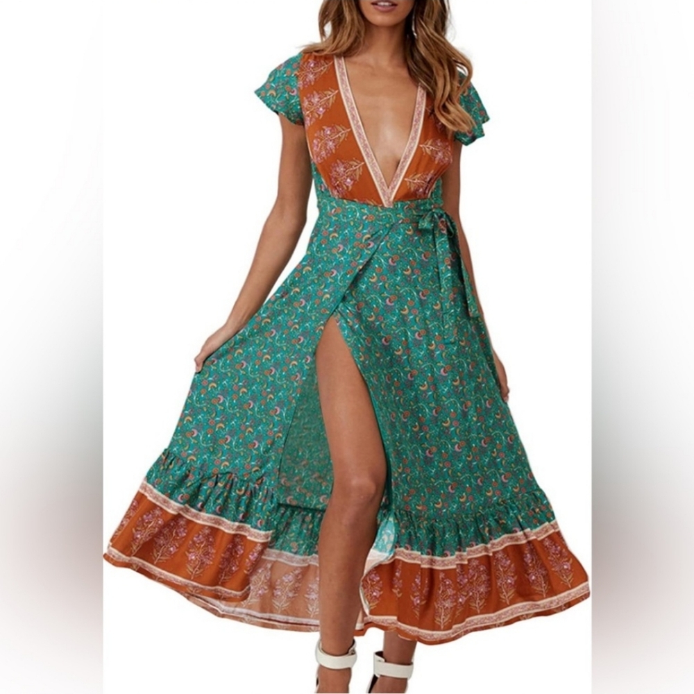 ZESICA Women's Floral Print Bohemian Waist Tie Wrap Long Flowy Dress Size S